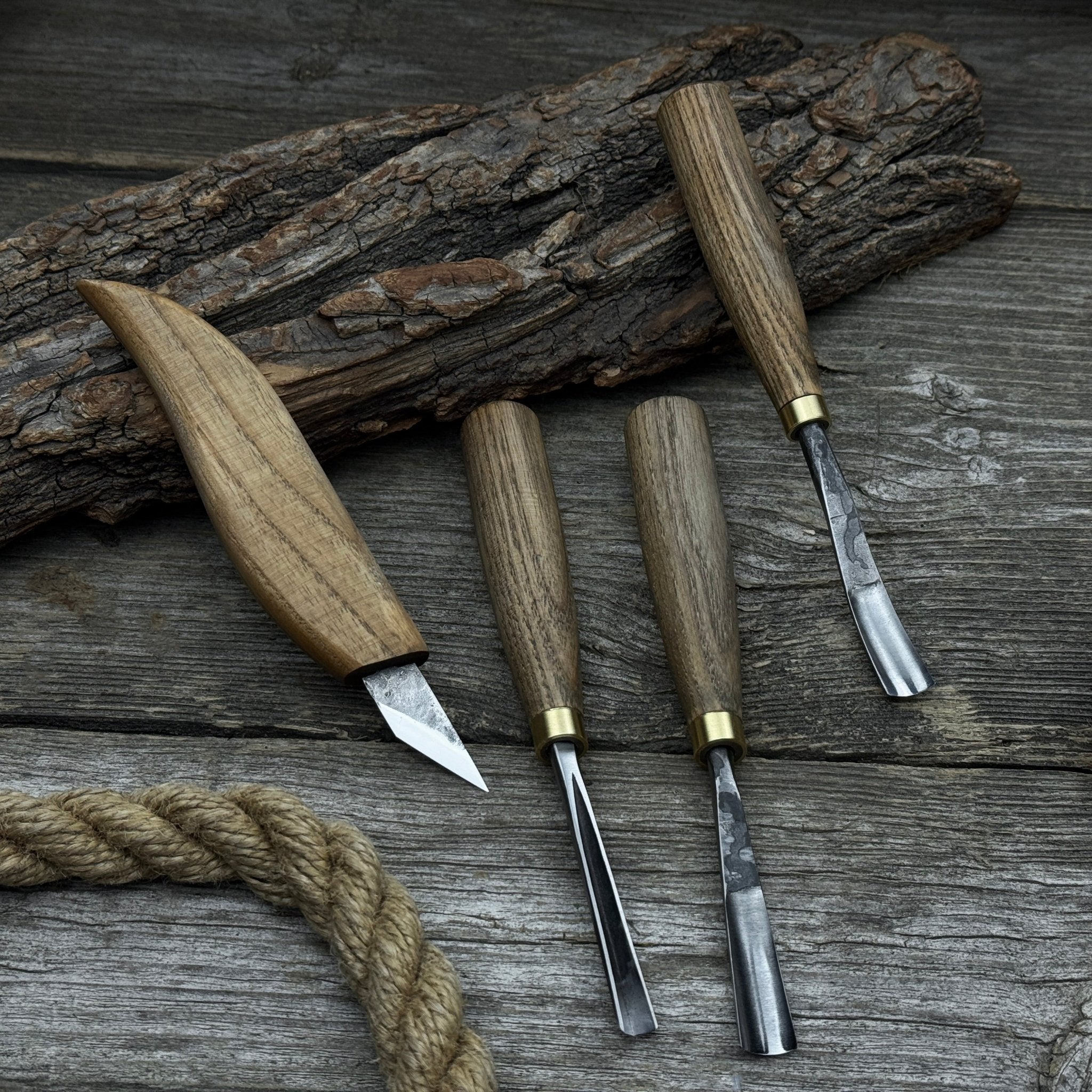 4-Piece Carving Knife, Chisel & Gouge Set with ash wood handles and forged steel blades