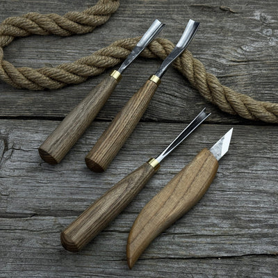 4-Piece Carving Knife, Chisel & Gouge Set with ash wood handles and forged steel blades