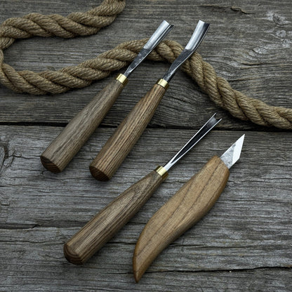 4-Piece Carving Knife, Chisel & Gouge Set with ash wood handles and forged steel blades