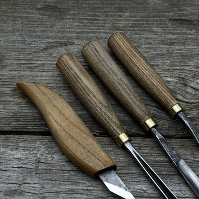 4-Piece Carving Knife, Chisel & Gouge Set with ash wood handles and forged steel blades