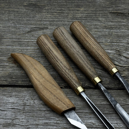 4-Piece Carving Knife, Chisel & Gouge Set with ash wood handles and forged steel blades