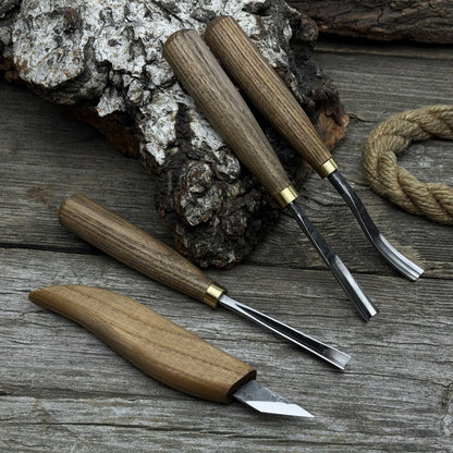 4-Piece Carving Knife, Chisel & Gouge Set with ash wood handles and forged steel blades