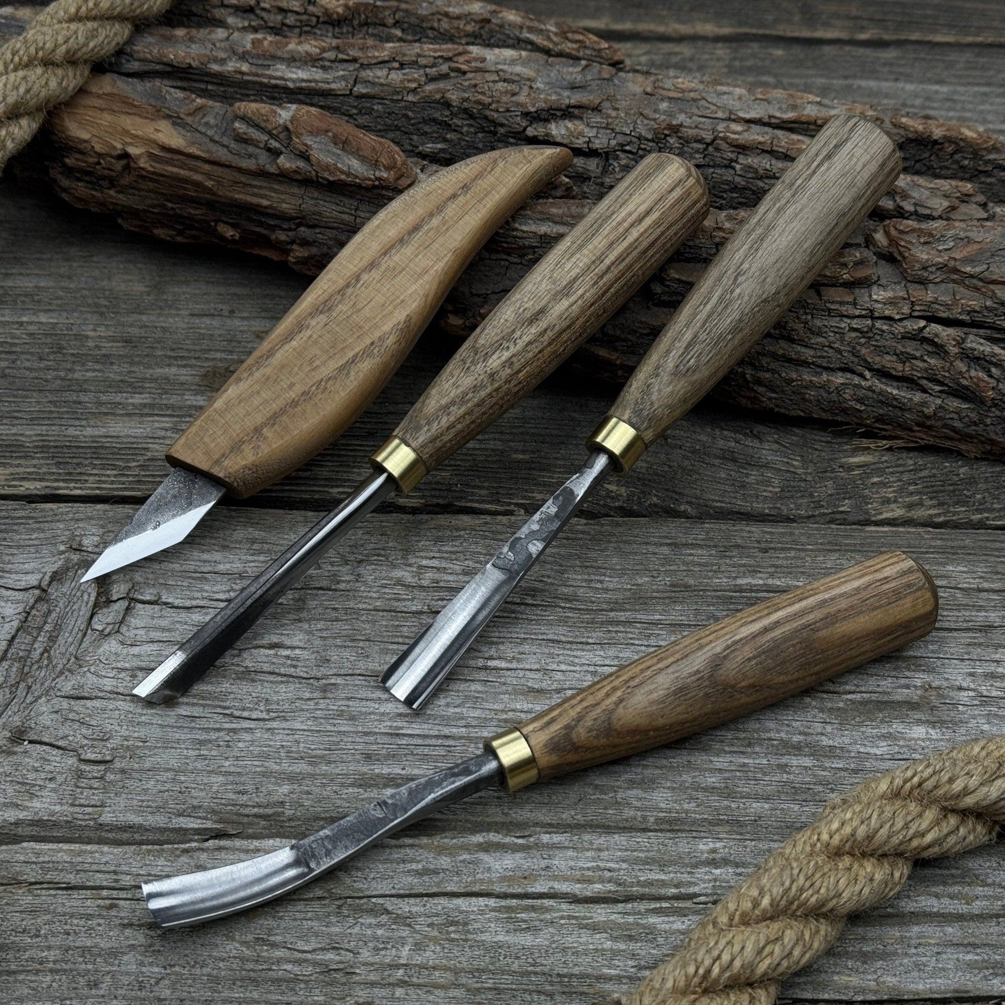 4-Piece Carving Knife, Chisel & Gouge Set with ash wood handles and forged steel blades