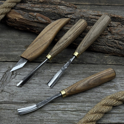4-Piece Carving Knife, Chisel & Gouge Set with ash wood handles and forged steel blades