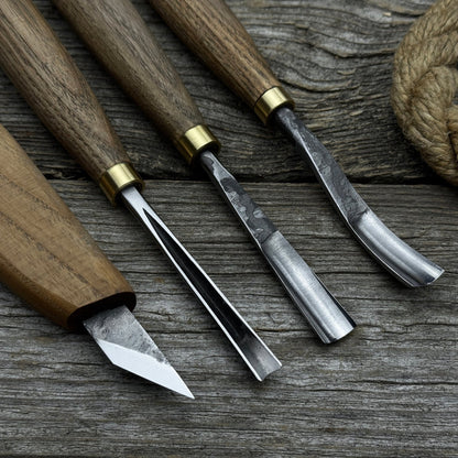 4-Piece Carving Knife, Chisel & Gouge Set with ash wood handles and forged steel blades