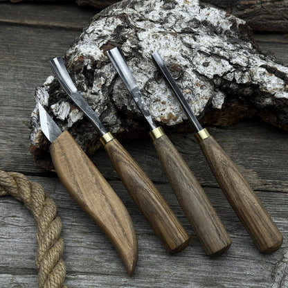 4-Piece Carving Knife, Chisel & Gouge Set with ash wood handles and forged steel blades