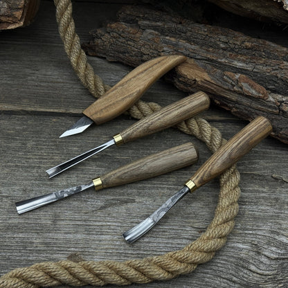 4-Piece Carving Knife, Chisel & Gouge Set with ash wood handles and forged steel blades