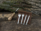 4-piece diamond style leather pricking iron set and hand-forged awl with ash wood handles and leather sheath