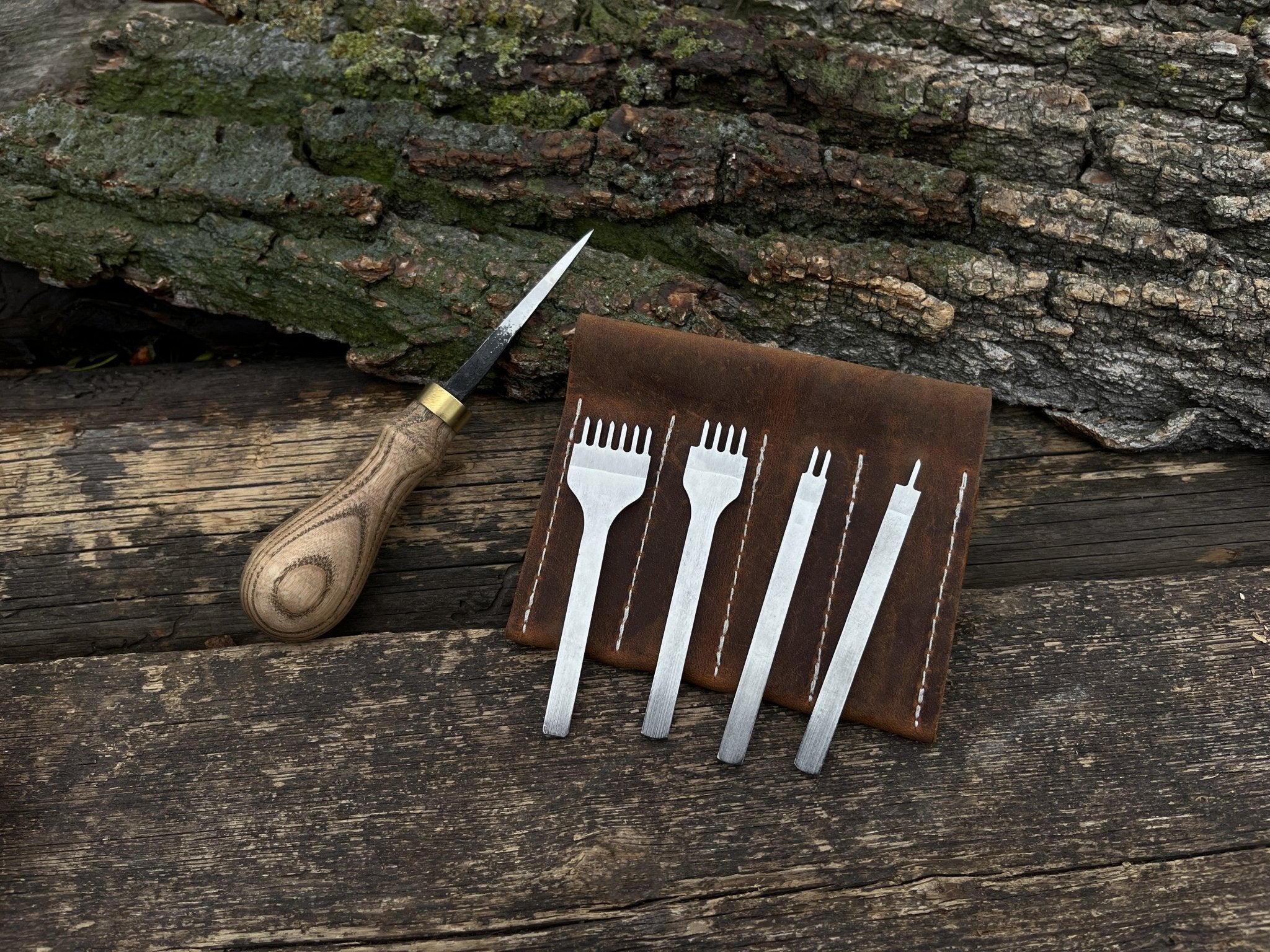 4-piece diamond style leather pricking iron set and hand-forged awl with ash wood handles and leather sheath