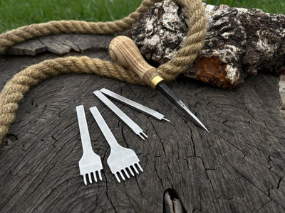 4-piece diamond style leather pricking iron set and hand-forged awl with ash wood handles and leather sheath