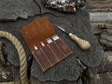 4-piece diamond style leather pricking iron set and hand-forged awl with ash wood handles and leather sheath