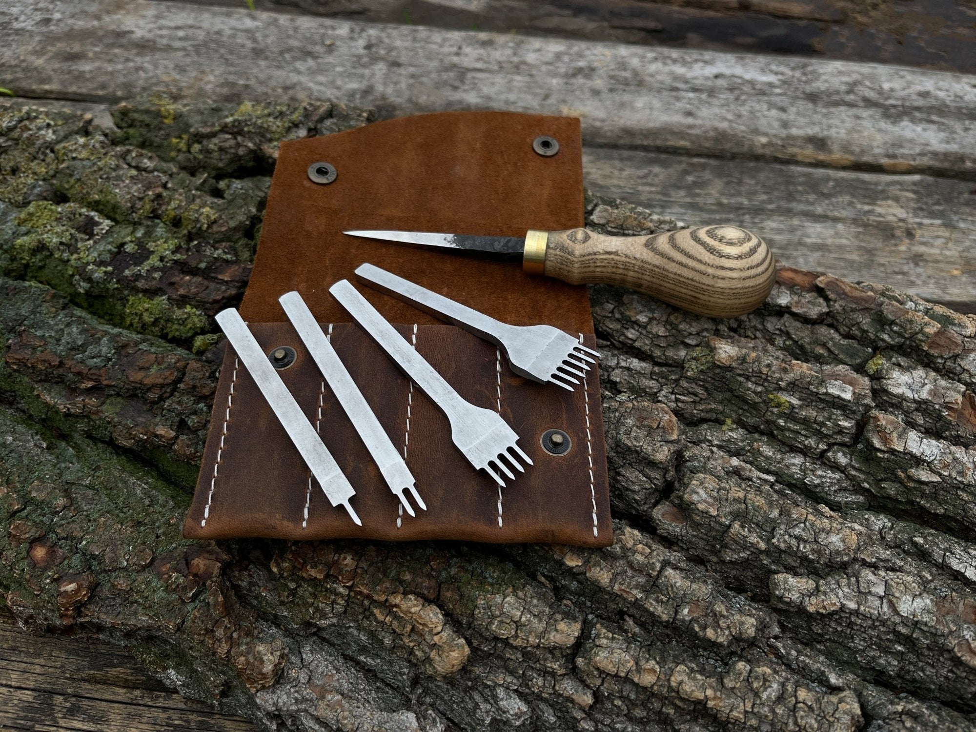 4-piece diamond style leather pricking iron set and hand-forged awl with ash wood handles and leather sheath