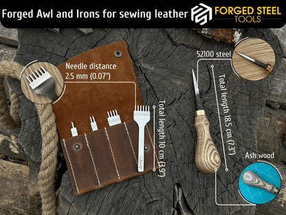 4-piece diamond style leather pricking iron set and hand-forged awl with ash wood handles and leather sheath