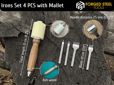 4-piece diamond style leather pricking iron set with leather nylon hammer and leather sheath