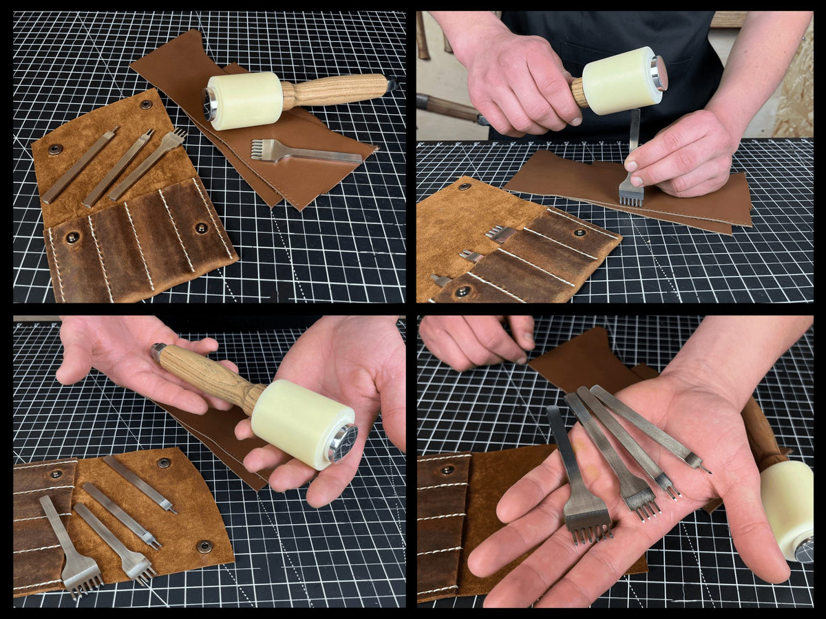 4-piece diamond style leather pricking iron set with leather nylon hammer and leather sheath