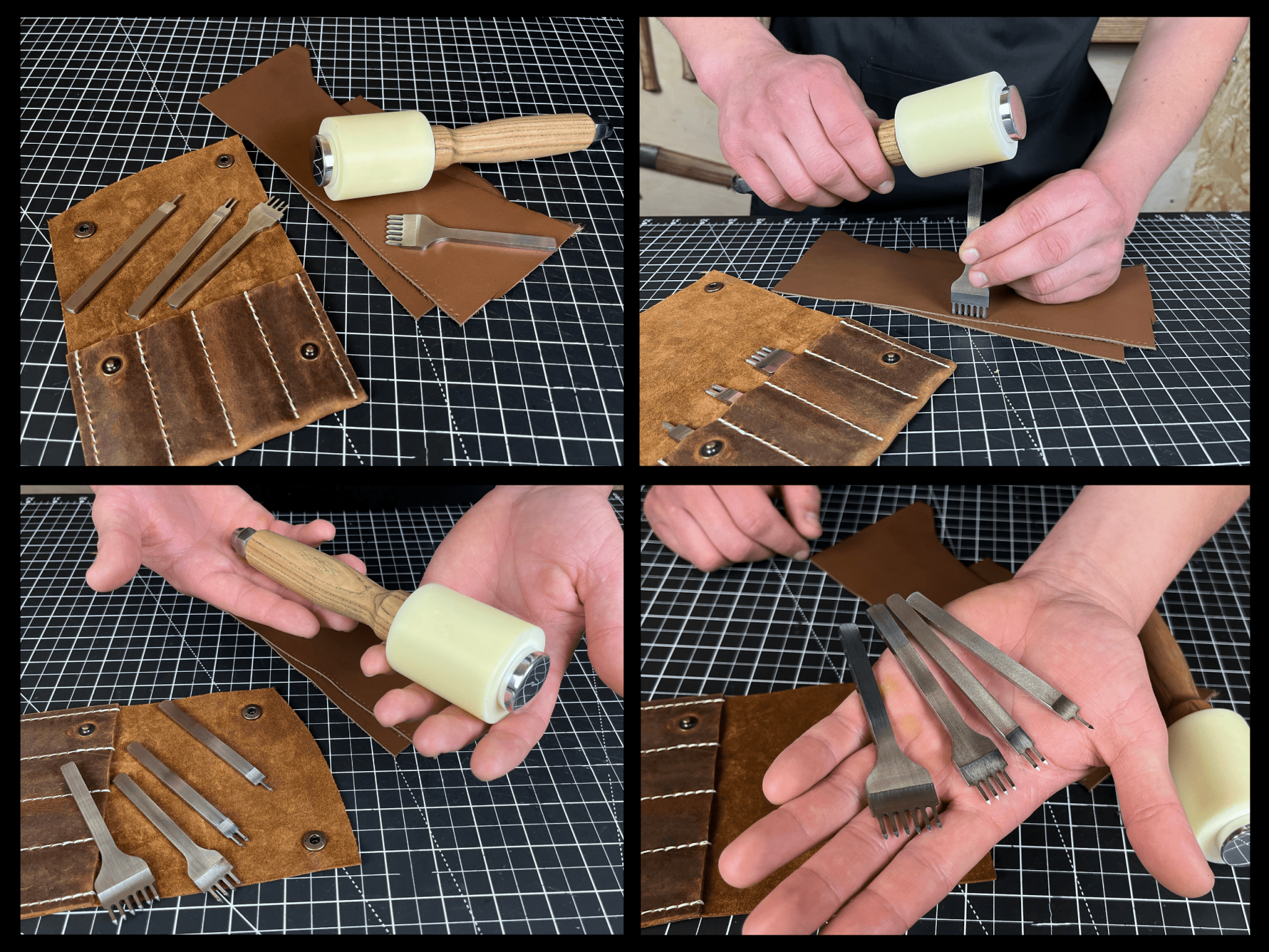 4-piece diamond style leather pricking iron set with leather nylon hammer and leather sheath