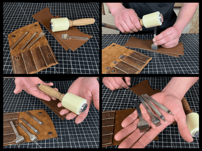 4-piece diamond style leather pricking iron set with leather nylon hammer and leather sheath