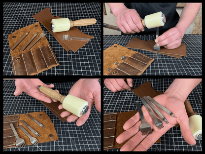 4-piece diamond style leather pricking iron set with leather nylon hammer and leather sheath