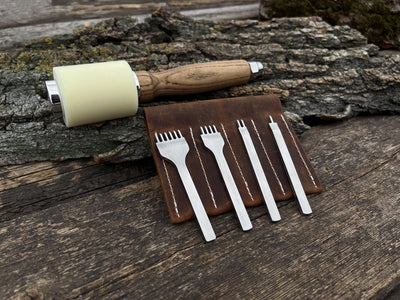 4-piece diamond style leather pricking iron set with leather nylon hammer and leather sheath