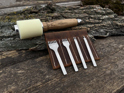 4-piece diamond style leather pricking iron set with leather nylon hammer and leather sheath