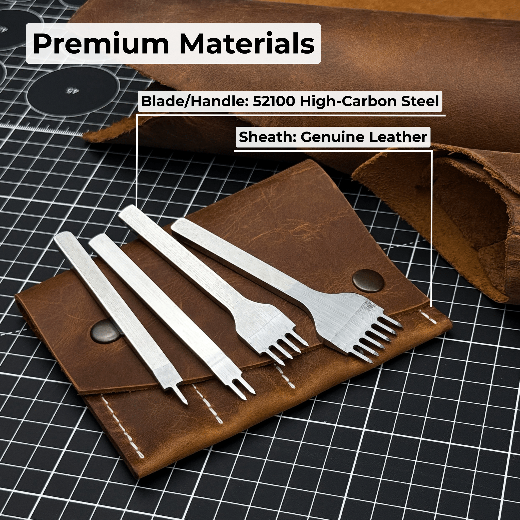 4-piece diamond style leather pricking iron set with 1, 2, 4, and 6 prongs by Sharky Forged Steel Tools