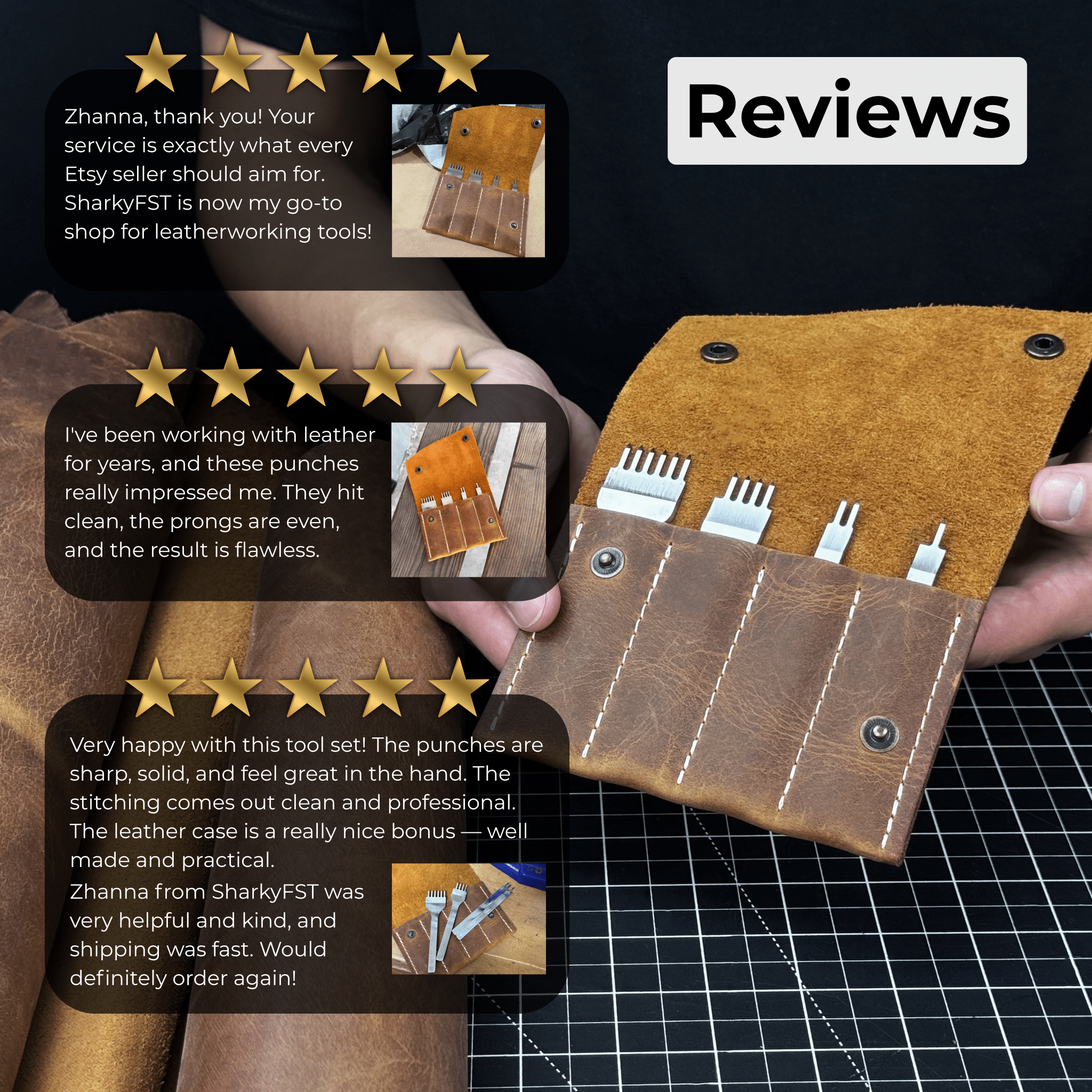 4-piece diamond style leather pricking iron set with 1, 2, 4, and 6 prongs by Sharky Forged Steel Tools