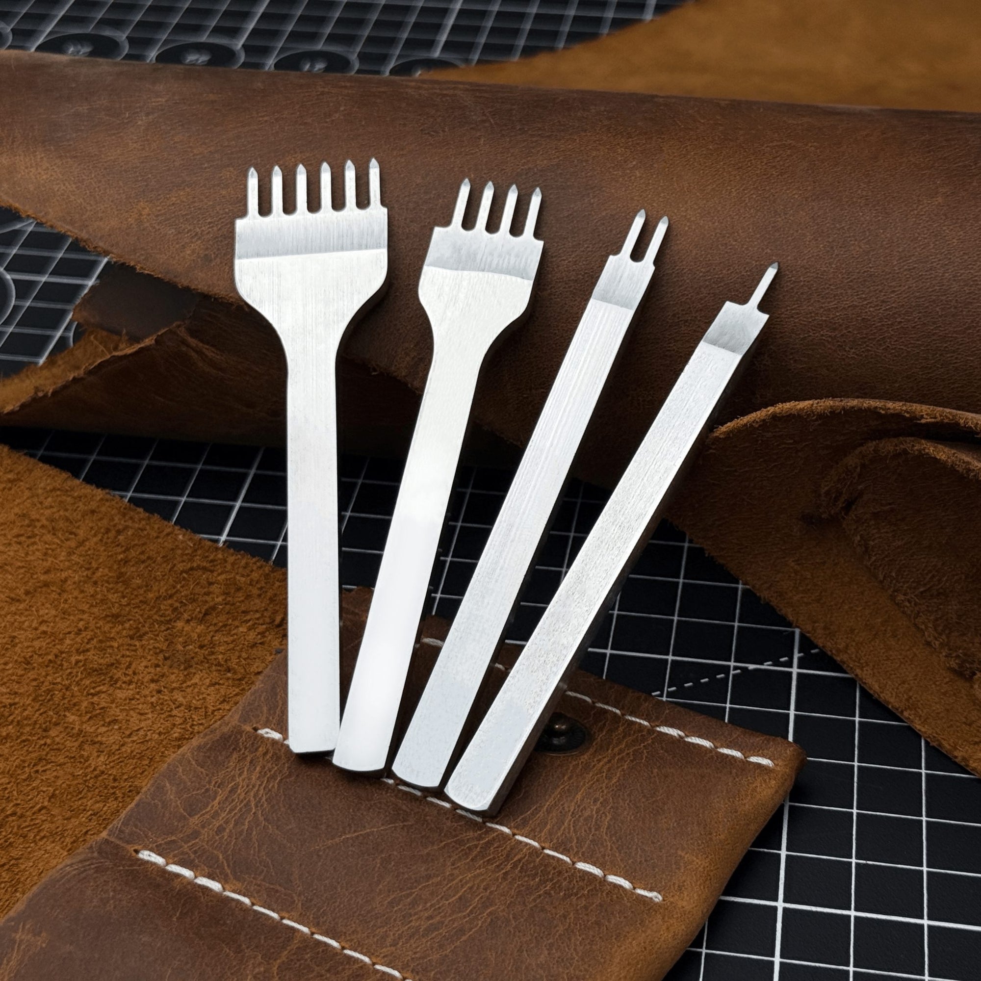 4-piece diamond style leather pricking iron set with 1, 2, 4, and 6 prongs by Sharky Forged Steel Tools