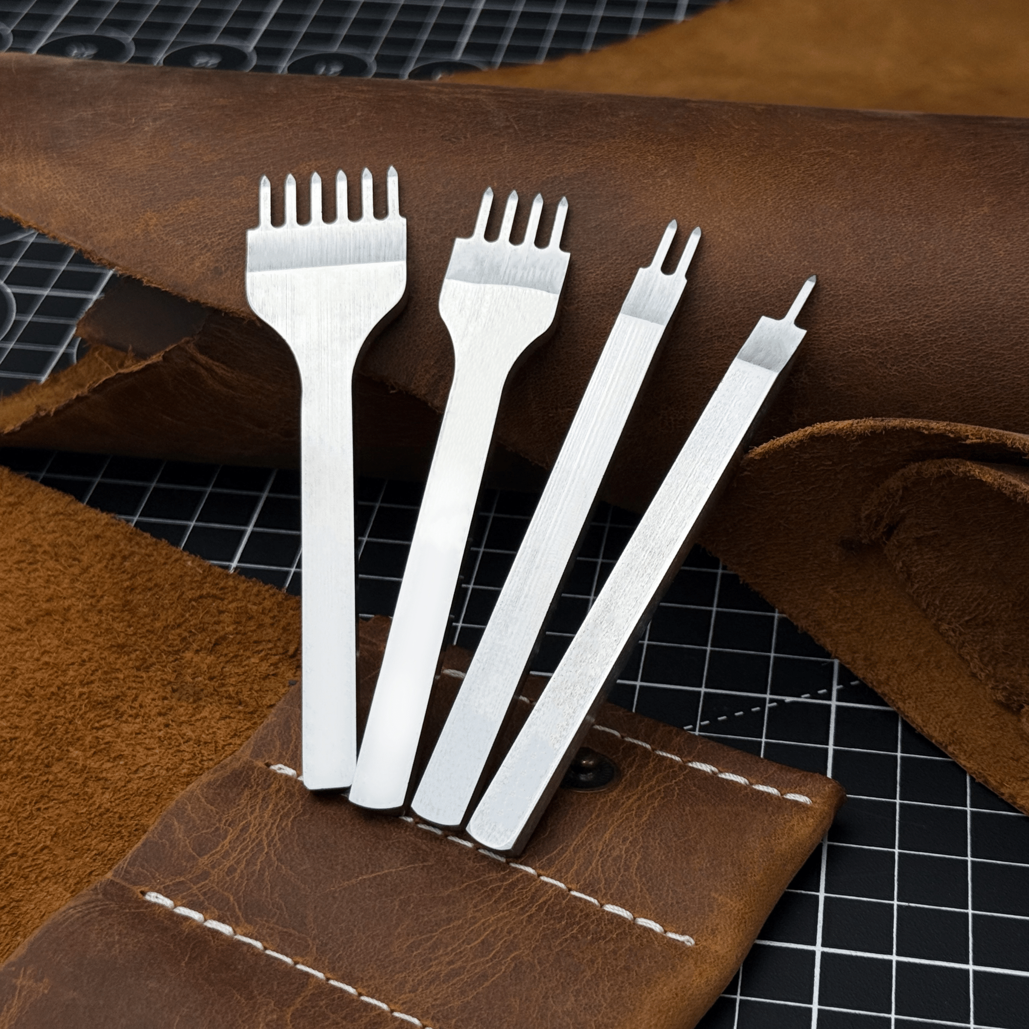 4-piece diamond style leather pricking iron set with 1, 2, 4, and 6 prongs by Sharky Forged Steel Tools