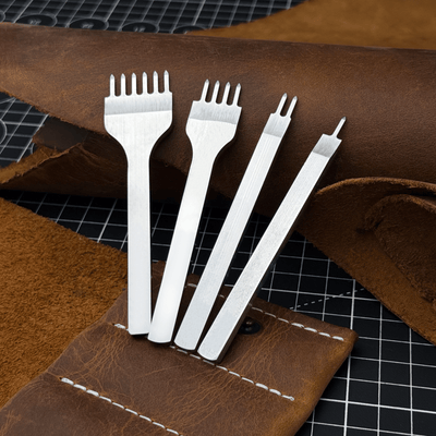 4-piece diamond style leather pricking iron set with 1, 2, 4, and 6 prongs by Sharky Forged Steel Tools