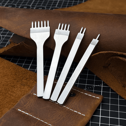 4-piece diamond style leather pricking iron set with 1, 2, 4, and 6 prongs by Sharky Forged Steel Tools