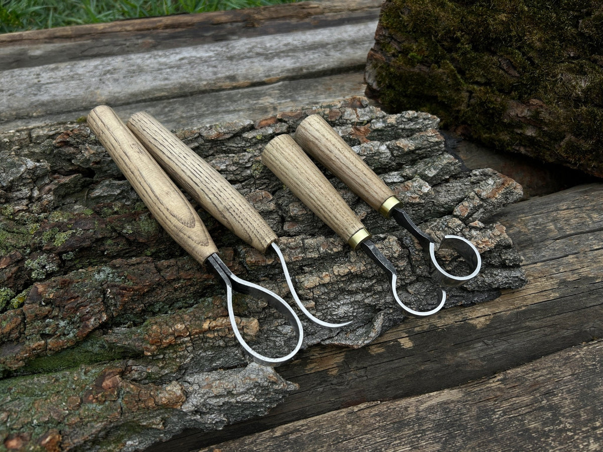 4-piece hand-forged wood carving knife set with ash handles and leather cases