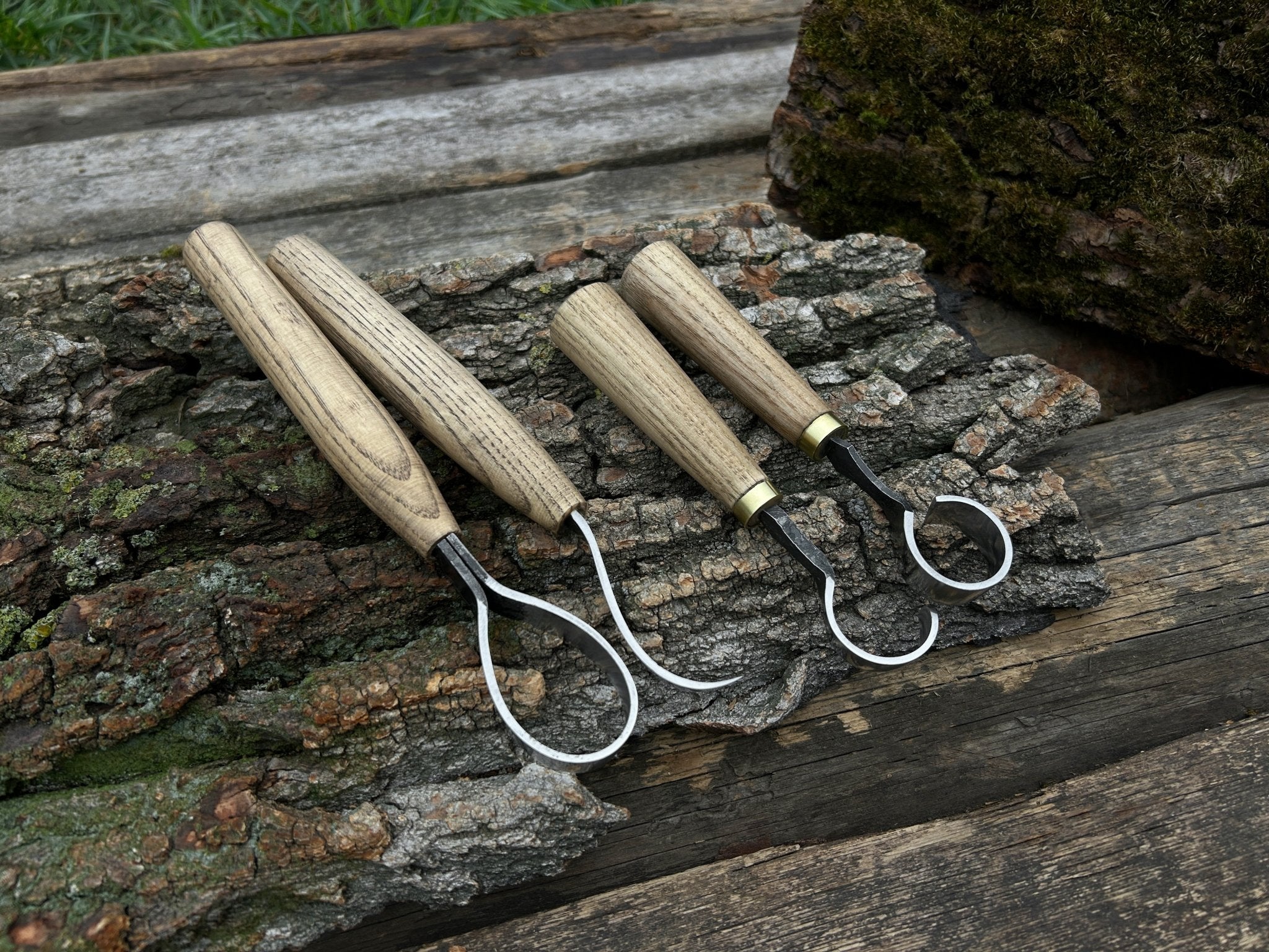 4-piece hand-forged wood carving knife set with ash handles and leather cases