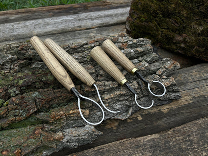 4-piece hand-forged wood carving knife set with ash handles and leather cases