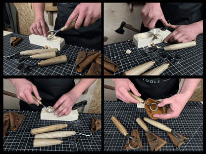 4-piece hand-forged wood carving knife set with ash handles and leather cases