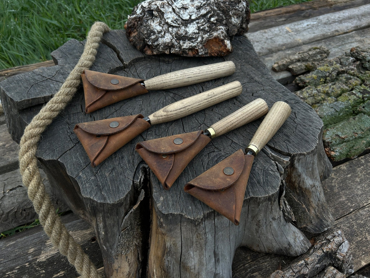 4-piece hand-forged wood carving knife set with ash handles and leather cases