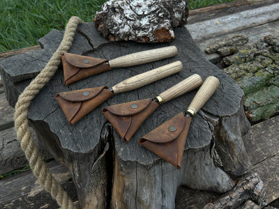 4-piece hand-forged wood carving knife set with ash handles and leather cases
