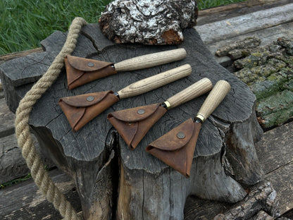 4-piece hand-forged wood carving knife set with ash handles and leather cases
