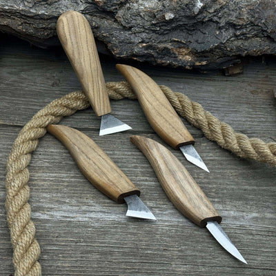 4-piece hand-forged wood carving knife set with ash wood handles and high-carbon steel blades