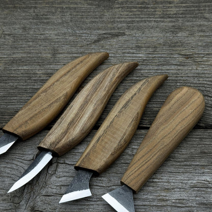 4-piece hand-forged wood carving knife set with ash wood handles and high-carbon steel blades