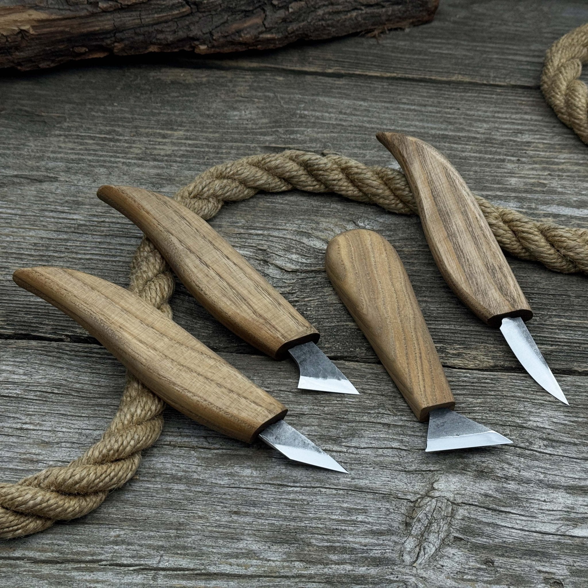 4-piece hand-forged wood carving knife set with ash wood handles and high-carbon steel blades