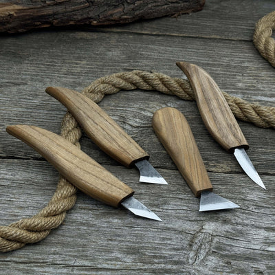 4-piece hand-forged wood carving knife set with ash wood handles and high-carbon steel blades