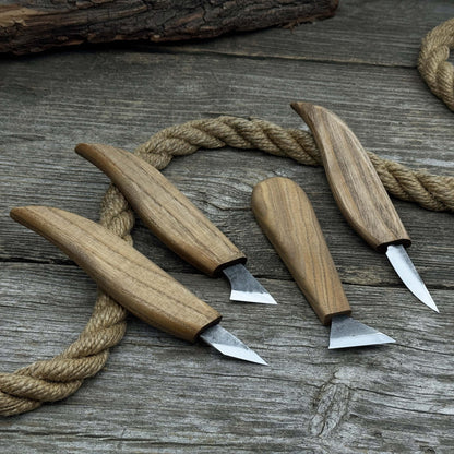 4-piece hand-forged wood carving knife set with ash wood handles and high-carbon steel blades