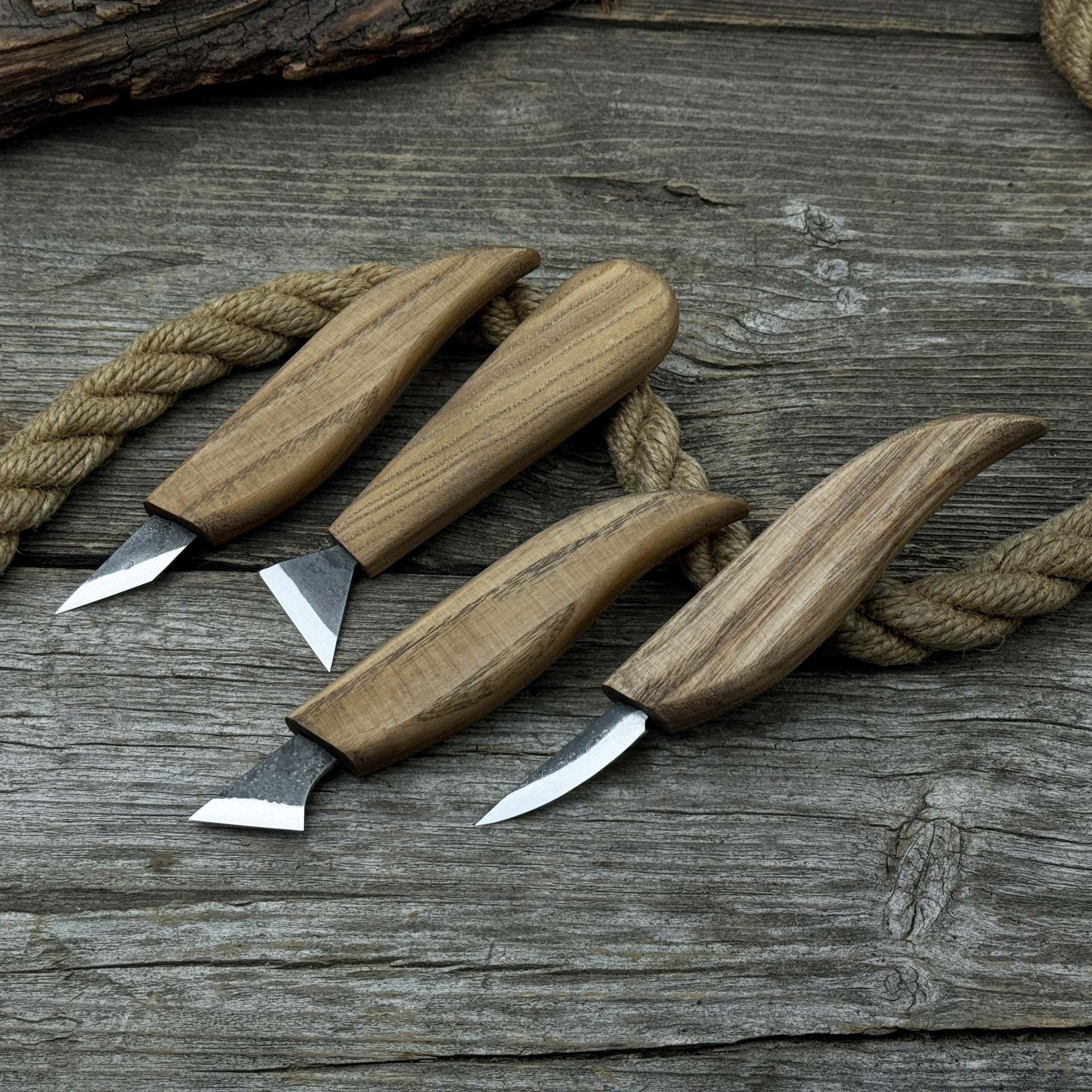 4-piece hand-forged wood carving knife set with ash wood handles and high-carbon steel blades