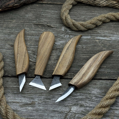 4-piece hand-forged wood carving knife set with ash wood handles and high-carbon steel blades