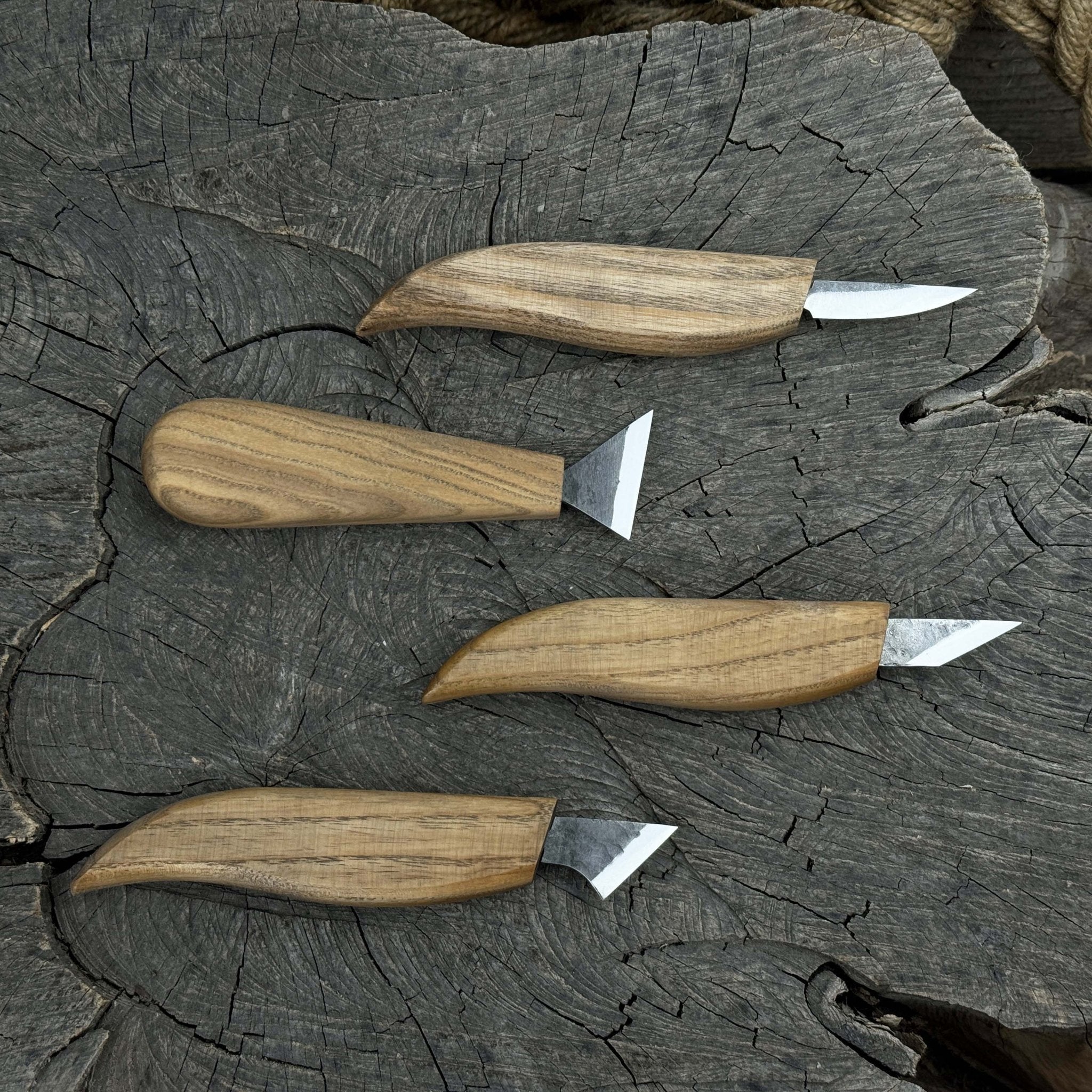 4-piece hand-forged wood carving knife set with ash wood handles and high-carbon steel blades