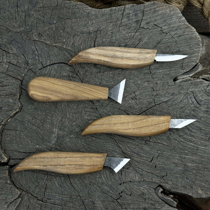 4-piece hand-forged wood carving knife set with ash wood handles and high-carbon steel blades