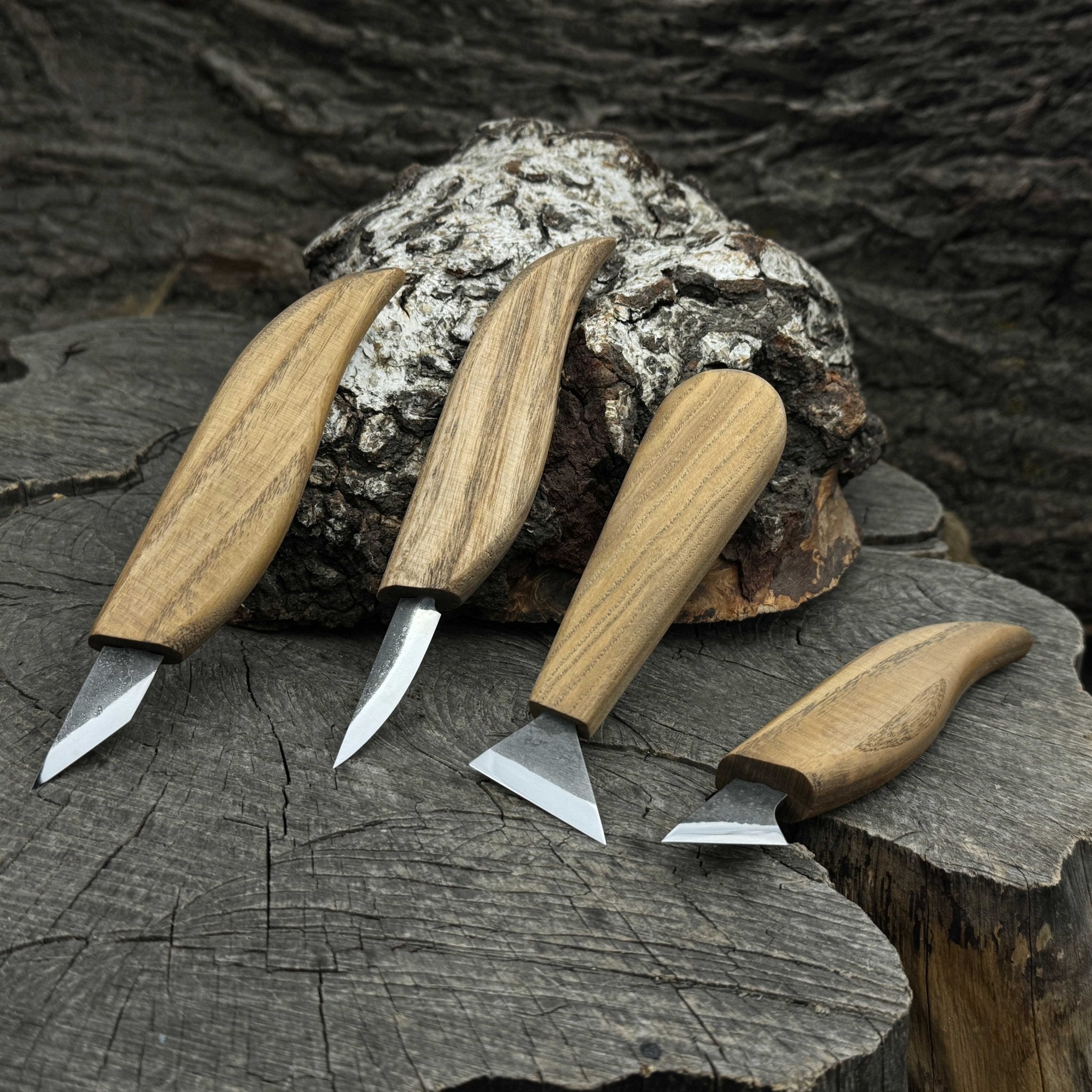 4-piece hand-forged wood carving knife set with ash wood handles and high-carbon steel blades
