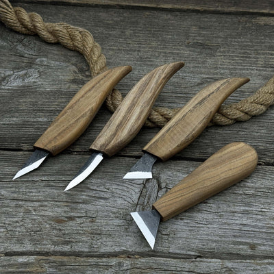 4-piece hand-forged wood carving knife set with ash wood handles and high-carbon steel blades