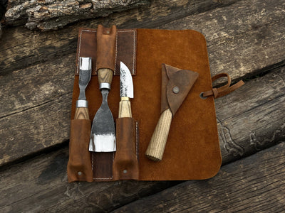 4-piece hand-forged wood carving tool set with ash wood handles and leather storage case