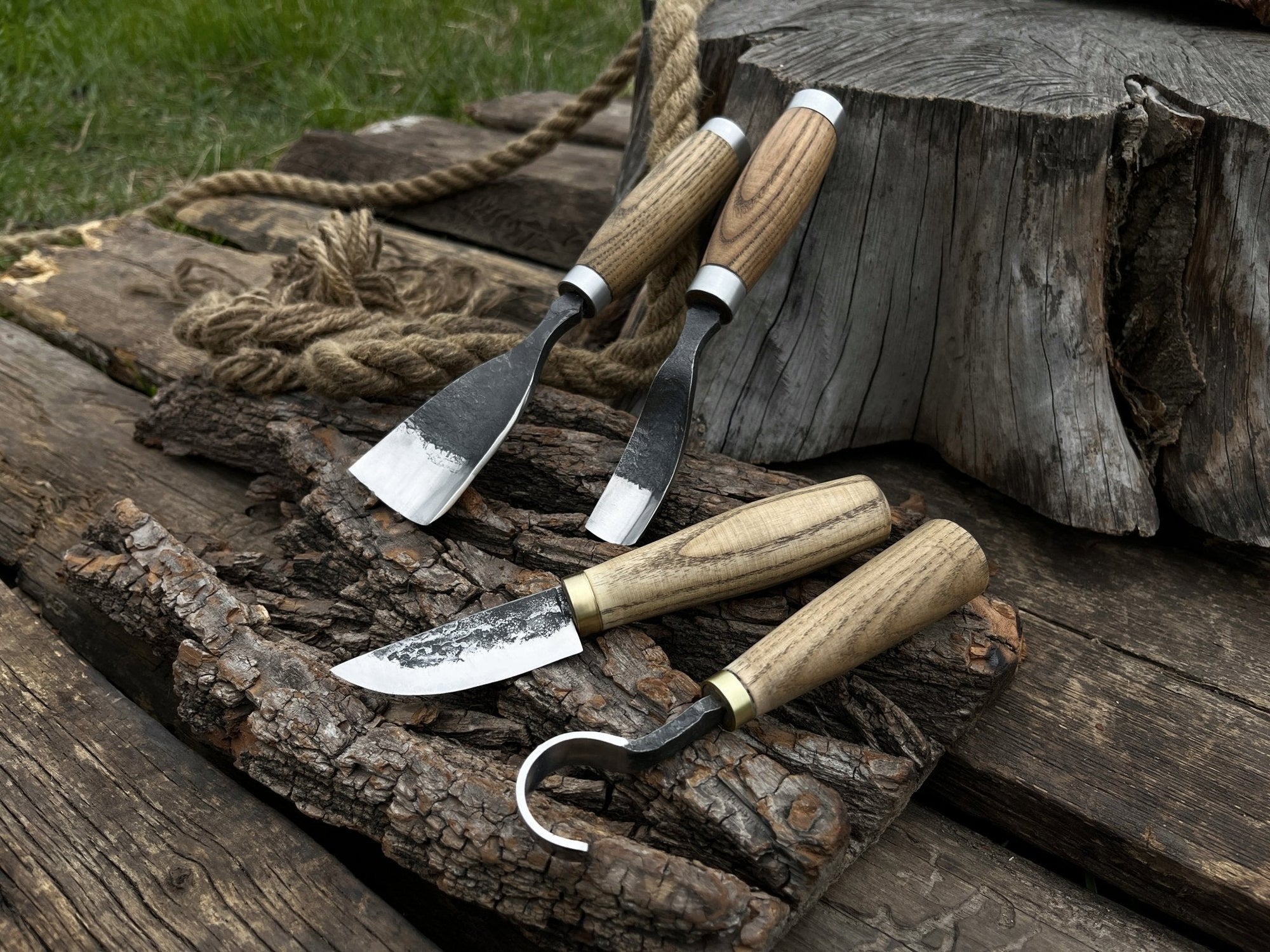 4-piece hand-forged wood carving tool set with ash wood handles and leather storage case